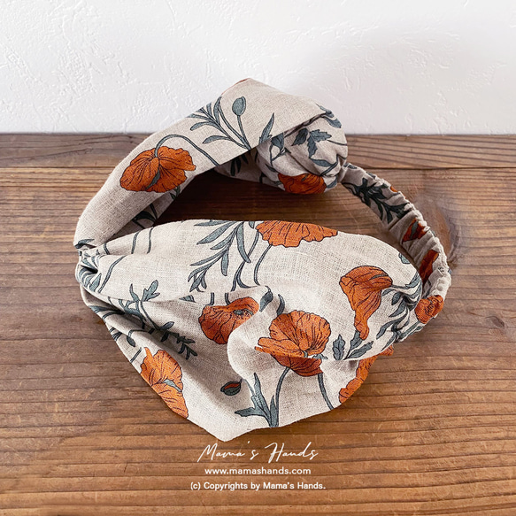 時尚亞麻橙色花卉圖案頭巾髮帶天然材質 第3張的照片