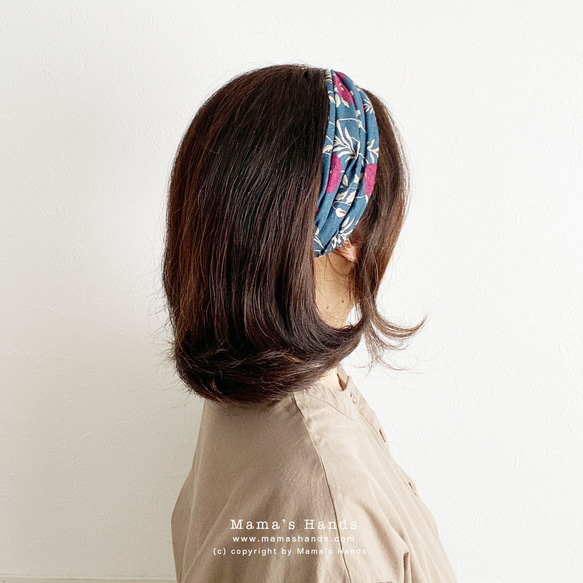 時尚亞麻粉紅花卉圖案海軍藍頭巾髮帶天然材質 第6張的照片