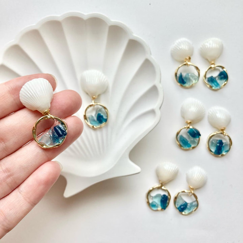 五島列島産シーグラスと貝殻のマーメイドピアス/イヤリング ピアス