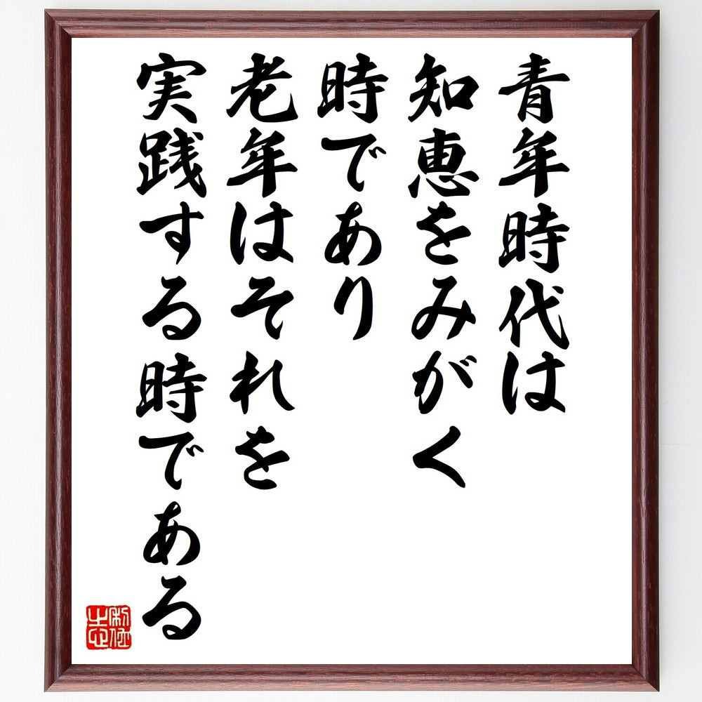 ルソーの名言「青年時代は知恵をみがく時であり老年はそれを実践する時で～」手書き書道色紙額／受注後の毛筆直筆（Z0012）