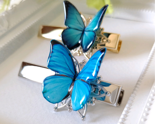 蝶々ヘアクリップ(ヘアピン)♪ モルフォ蝶、モルフォ(新色)、青い蝶