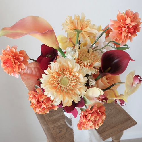 ガーベラとダリアのテラコッタブーケ・ブートニア/ウェディング