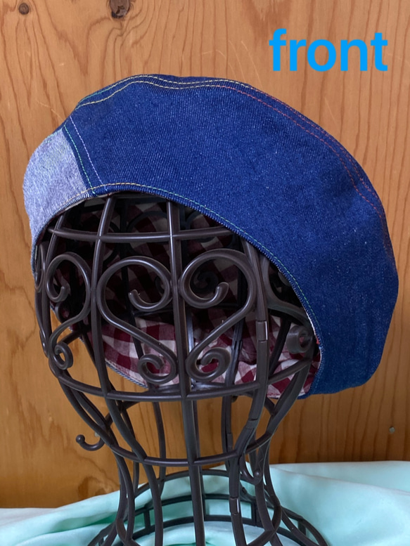 のぞきみアニマルベレー帽「たぬき」（ブルーデニム） 2枚目の画像