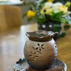【再販】お茶の香りと可愛いお花の灯りが楽しい焼き締め茶香炉3点セット 3枚目の画像