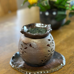 【再販】お茶の香りと可愛いお花の灯りが楽しい焼き締め茶香炉3点セット 19枚目の画像