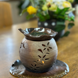 【再販】お茶の香りと可愛いお花の灯りが楽しい焼き締め茶香炉3点セット 15枚目の画像