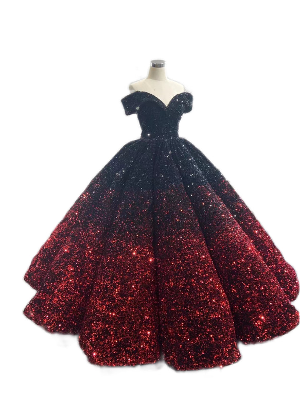 素敵グラデーション王道プリンセスお色直しカラードレス黒赤ウエディングドレス二次会パーティーステージ衣装前撮り結婚式 4枚目の画像