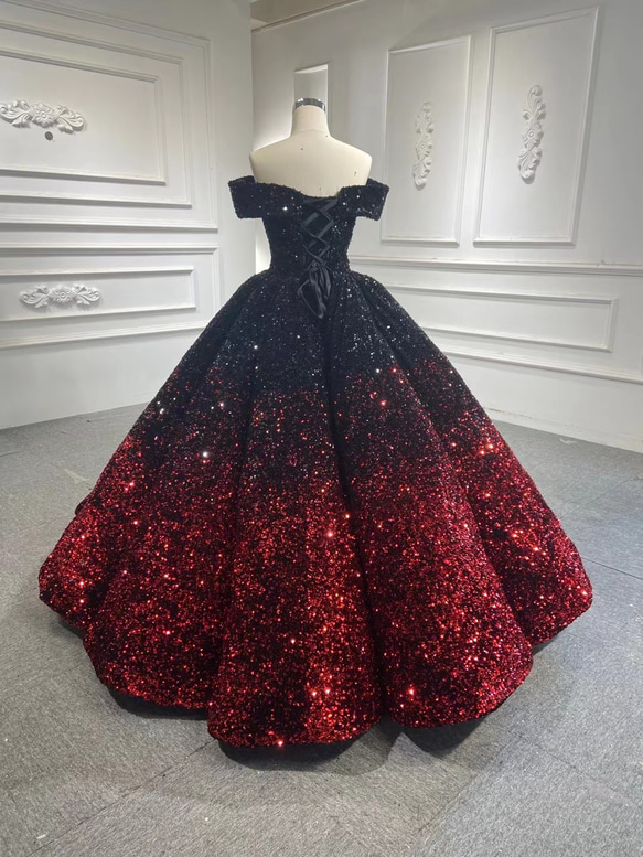 素敵グラデーション王道プリンセスお色直しカラードレス黒赤ウエディングドレス二次会パーティーステージ衣装前撮り結婚式 2枚目の画像