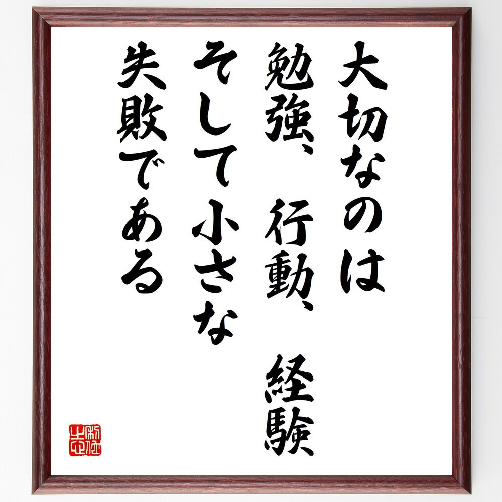 名言「大切なのは勉強、行動、経験、そして小さな失敗である」手書き書道色紙額／受注後の毛筆直筆（Z0266）