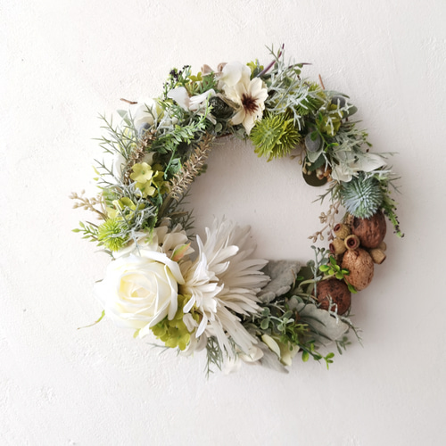 ホワイトローズ&ガーベラリースφ22cm/ フラワーリース アートフラワー