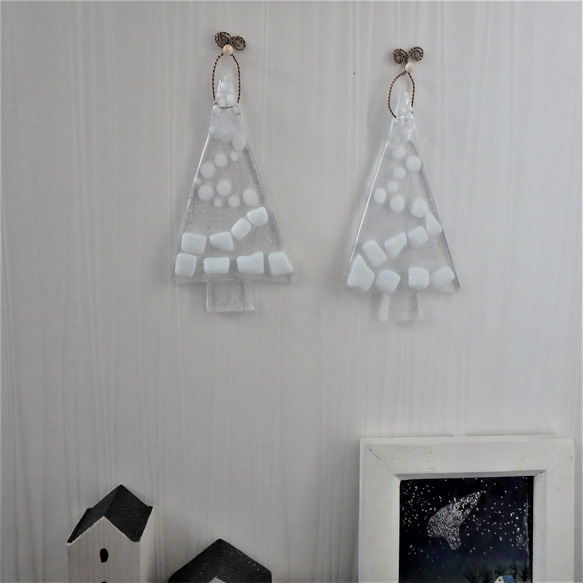 GLASSツリー「白」２本　ウォールデコ　壁飾り　一点物　クリスマス 2枚目の画像