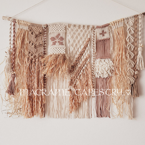 流木マクラメタペストリー♡ピンクベージュ&ベージュ ビッグサイズ