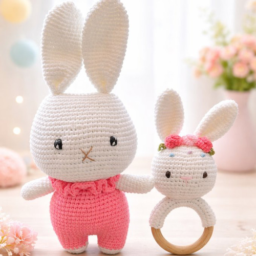 ☆お買得セット☆ あみぐるみ 編みぐるみ うさぎ ラトル 出産祝い