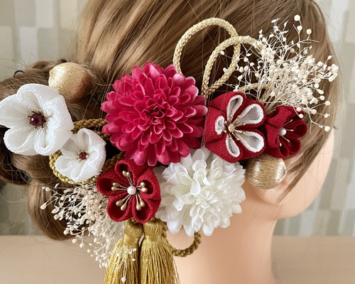 再々販 つまみ細工 髪飾り 簪セット 赤 七五三 卒業式 成人式 つまみ細工 13点セット【紅白】成人式 卒業式 七五三 かんざし