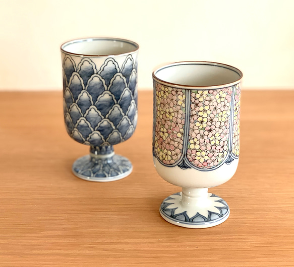 【京焼・清水焼】京都　水野春陽窯　陶器製ワインカップ（筒型）　梅　鱗　陶器製ワイングラス 1枚目の画像