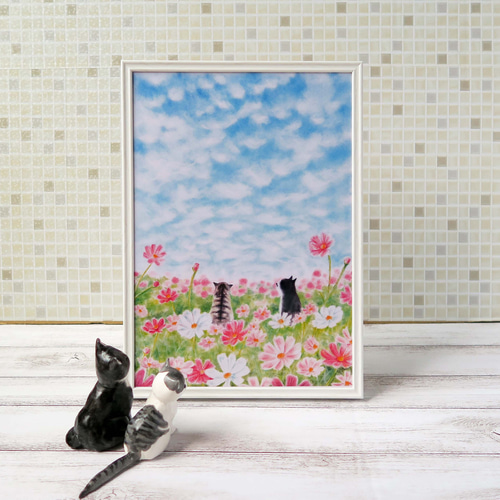 A4ポスター 猫パステル画〈コスモス畑と秋の空～トロとクロ