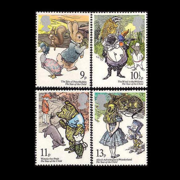 不思議の国のアリス等 イギリス 1979年 外国切手4種 未使用【童話 古切手 ハンドメイド用アクセサリーパーツ素材】 1枚目の画像