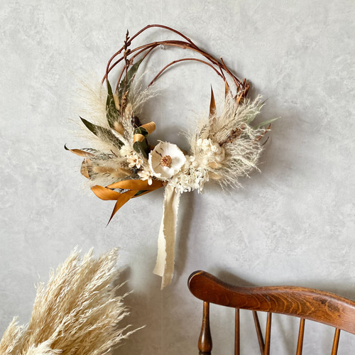 パームフラワーとパンパスグラスのドライフラワーリース スワッグ