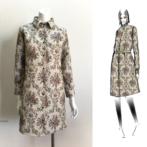 1点もの・デザイン画付き】ゴブラン織りシャツ型ベルト付きコート  