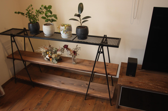 アイアンシェルフ（L）　アイアンラック　アイアン家具　塊根植物　植物棚 杉無垢材卓上収納棚【引き違い扉仕様】 YWU3163147740(24123円)