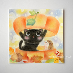 【原画】「かぼちゃの中でかくれんぼ」　黒猫　ハリネズミ　ハロウィン　パステルアート　イラスト 7枚目の画像