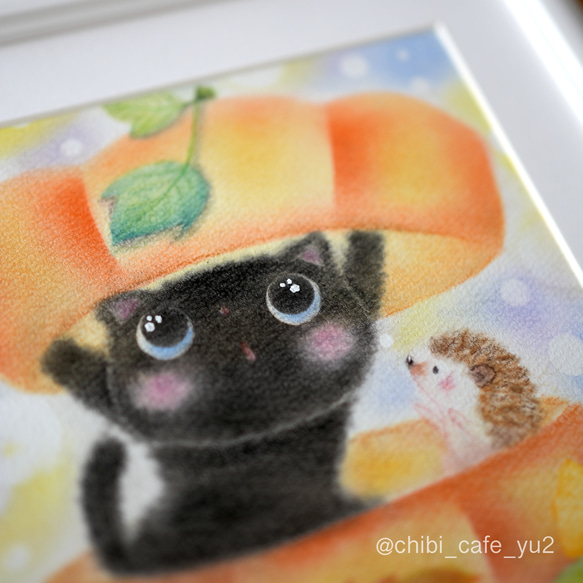 【原画】「かぼちゃの中でかくれんぼ」　黒猫　ハリネズミ　ハロウィン　パステルアート　イラスト 3枚目の画像