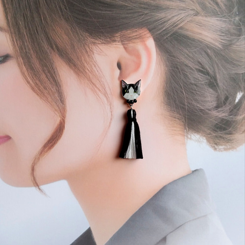 1178 フリンジタッセル 猫 ねこ ハンドメイド ピアス イヤリング 大ぶり 1178 フリンジタッセル 猫 ねこ ハンドメイド ピアス イヤリング