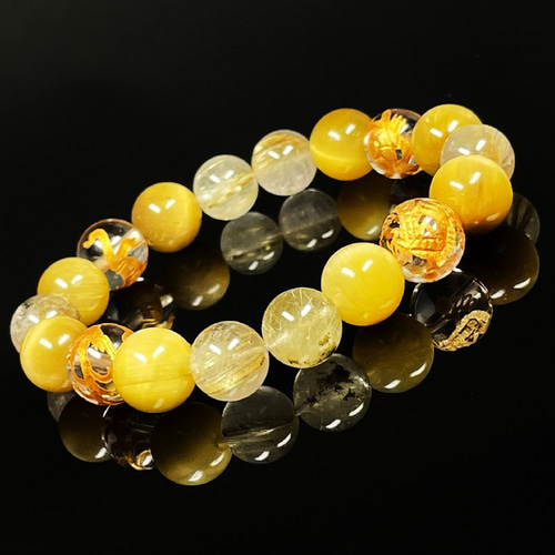 ☆高級品！来福開運宝珠③！大福財！太陽　タイチン　ゴールド　ルチル　ブレス 成功を引き寄せる数珠】10ミリ 金彫四神獣 本水晶 ゴールデンタイガー