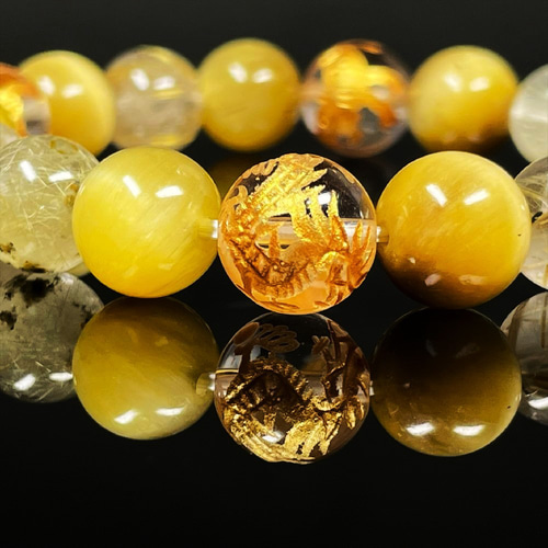 成功を引き寄せる数珠】10ミリ 金彫四神獣 本水晶 ゴールデンタイガー