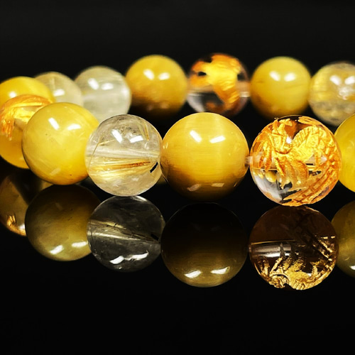 成功を引き寄せる数珠】10ミリ 金彫四神獣 本水晶 ゴールデンタイガー