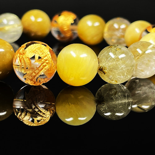 成功を引き寄せる数珠】10ミリ 金彫四神獣 本水晶 ゴールデンタイガー