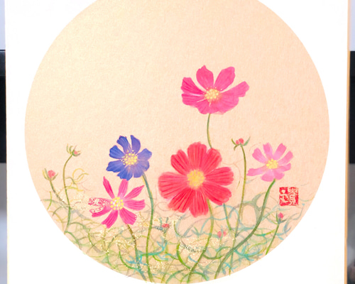 小さな日本画 色紙 「秋桜」原画 絵画 小さな日本画のお店