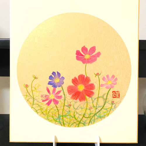 小さな日本画 色紙 「秋桜」原画 絵画 小さな日本画のお店