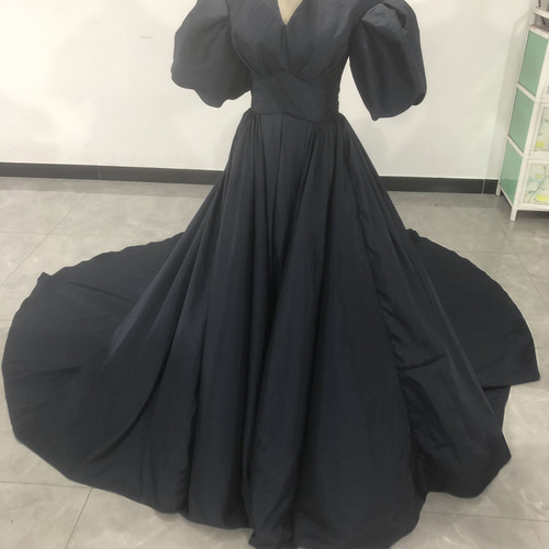 高品質タフタ ネイビー カラードレス Vネック 姫袖 トレーン 音楽会  