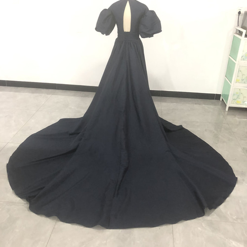 高品質タフタ ネイビー カラードレス Vネック 姫袖 トレーン 音楽会  