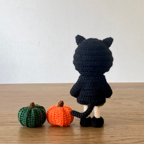 黒猫パーカーを着たあみぐるみの女の子【ハロウィンかぼちゃセット