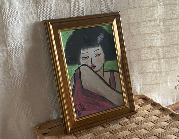 絵画。壁掛け絵原画【可愛くてショートヘアの少女のピンクの気持ち】