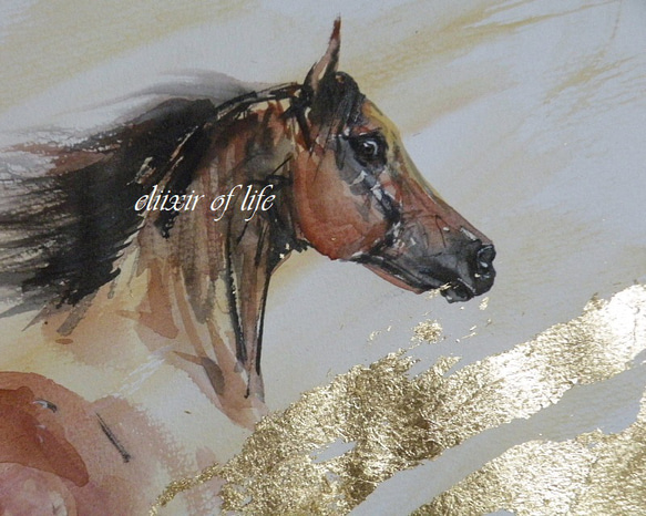 Sirocco 2022.Arabian Horse (水彩画用紙、A4サイズ、墨、水彩、金箔) 2枚目の画像