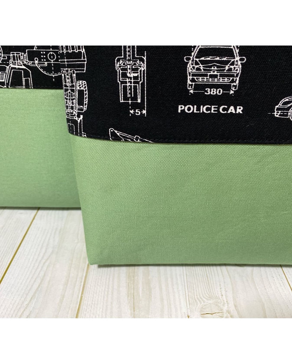 ［セット］レッスンバッグ　シューズ入れ　上履き入れ　通園通学　入園入学　車　設計図　シンプル　大人っぽい　黒　黄緑 2枚目の画像