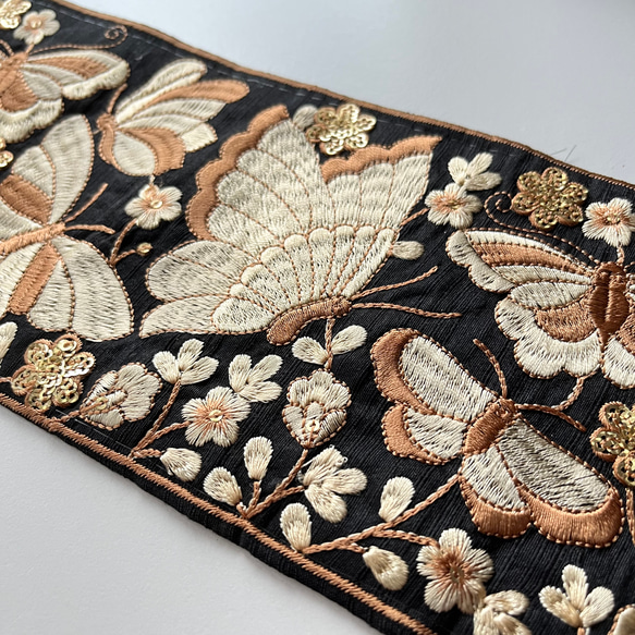 【SALE/50cm】インド刺繍リボン　ブラック　シルク　バタフライ　GS453 5枚目の画像