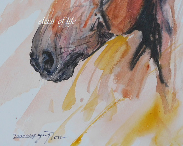 朝日を浴びる馬のポートレート２０２２（水彩画用紙、A4サイズ、墨、水彩） 3枚目の画像