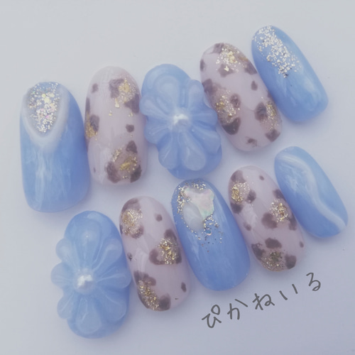 くすみブルー×ヒョウ柄♡ぷっくりフラワー秋冬ネイル ネイルチップ