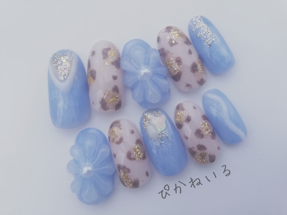 くすみブルー×ヒョウ柄♡ぷっくりフラワー秋冬ネイル ネイル