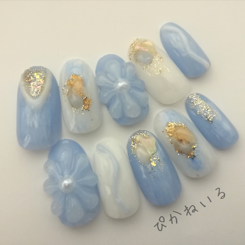 ワンピなど最旬ア！ くすみブルー×ぷっくりフラワー♡ニュアンス韓国ネイル ネイル ネイルチップ・付け爪