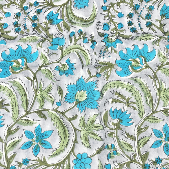 【50cm單位】灰色淺藍色花朵印度手工塊印花布料紡織棉 第3張的照片