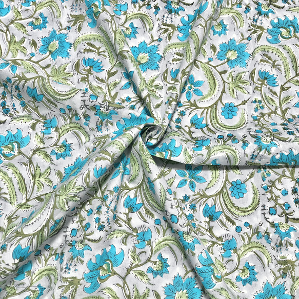 【50cm單位】灰色淺藍色花朵印度手工塊印花布料紡織棉 第2張的照片