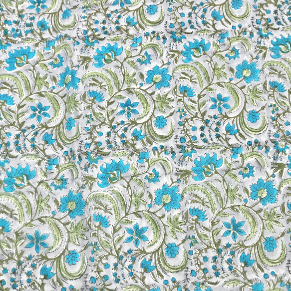 【50cm單位】灰色淺藍色花朵印度手工塊印花布料紡織棉 第5張的照片