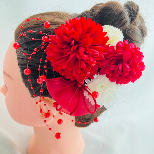 パール簪♥︎シャーベットオレンジダリア♡パールシャワー♥︎結婚式♥︎成人式卒業式♡和装 パール簪♥︎シャーベットオレンジダリア♡パールシャワー