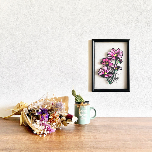 受注生産【切り絵×ちぎり絵】cos-mos -秋桜- 原画アート 絵画 紙