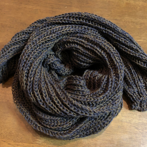 イギリスゴム編みのコットンマフラー・茶灰 1枚目の画像